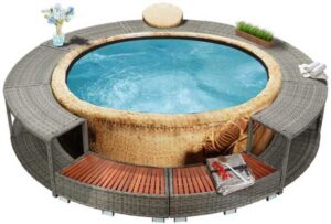 Round Grey Rattan Spa Surround with Storage Cabinet, Steps, Table